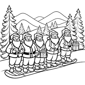 Schneebedeckte Weihnachtsmänner beim fröhlichen Rodeln Ausmalmotiv für festliche Künstler