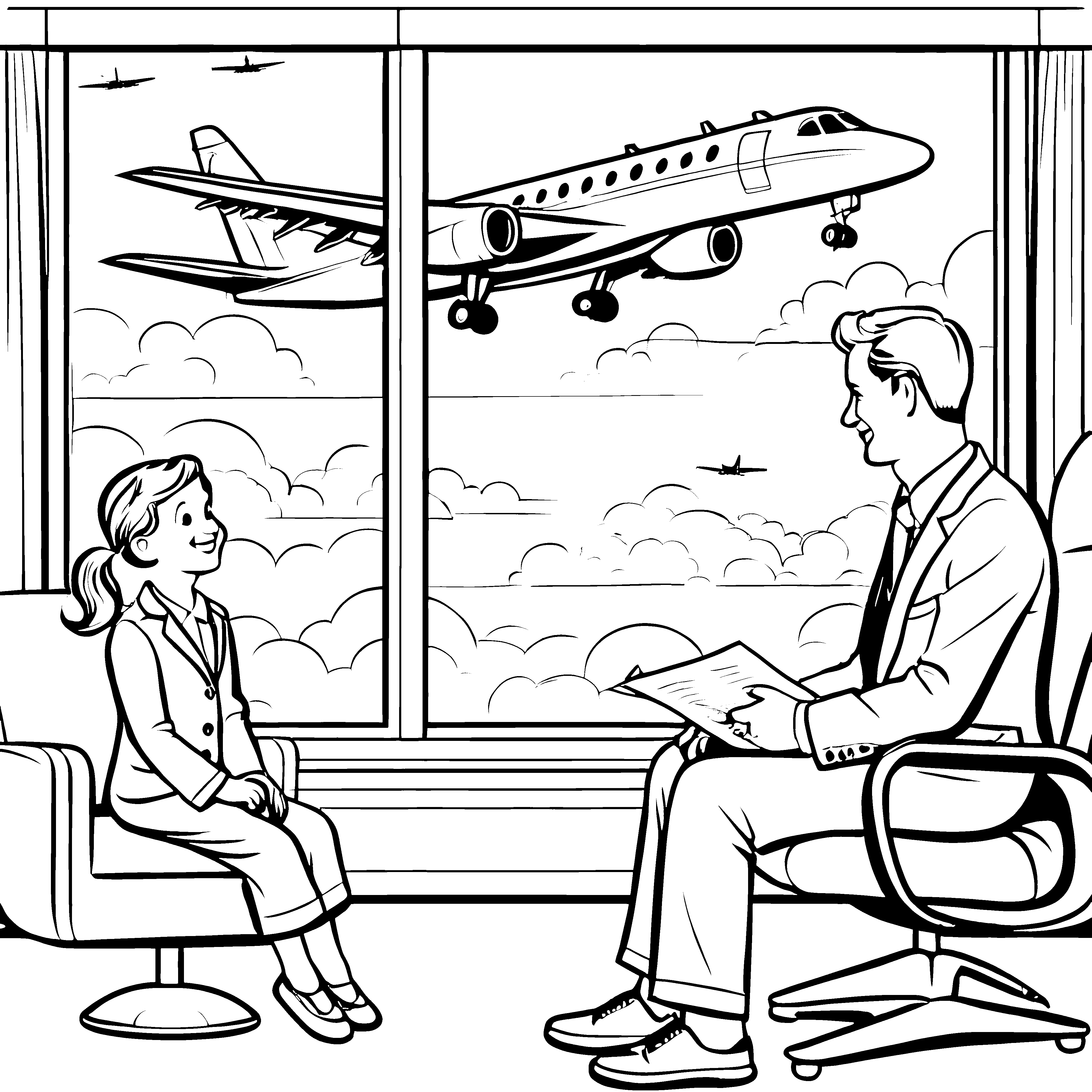 Fröhliches Gespräch am Flughafensichtfenster Ausmalbild für zukünftige Piloten