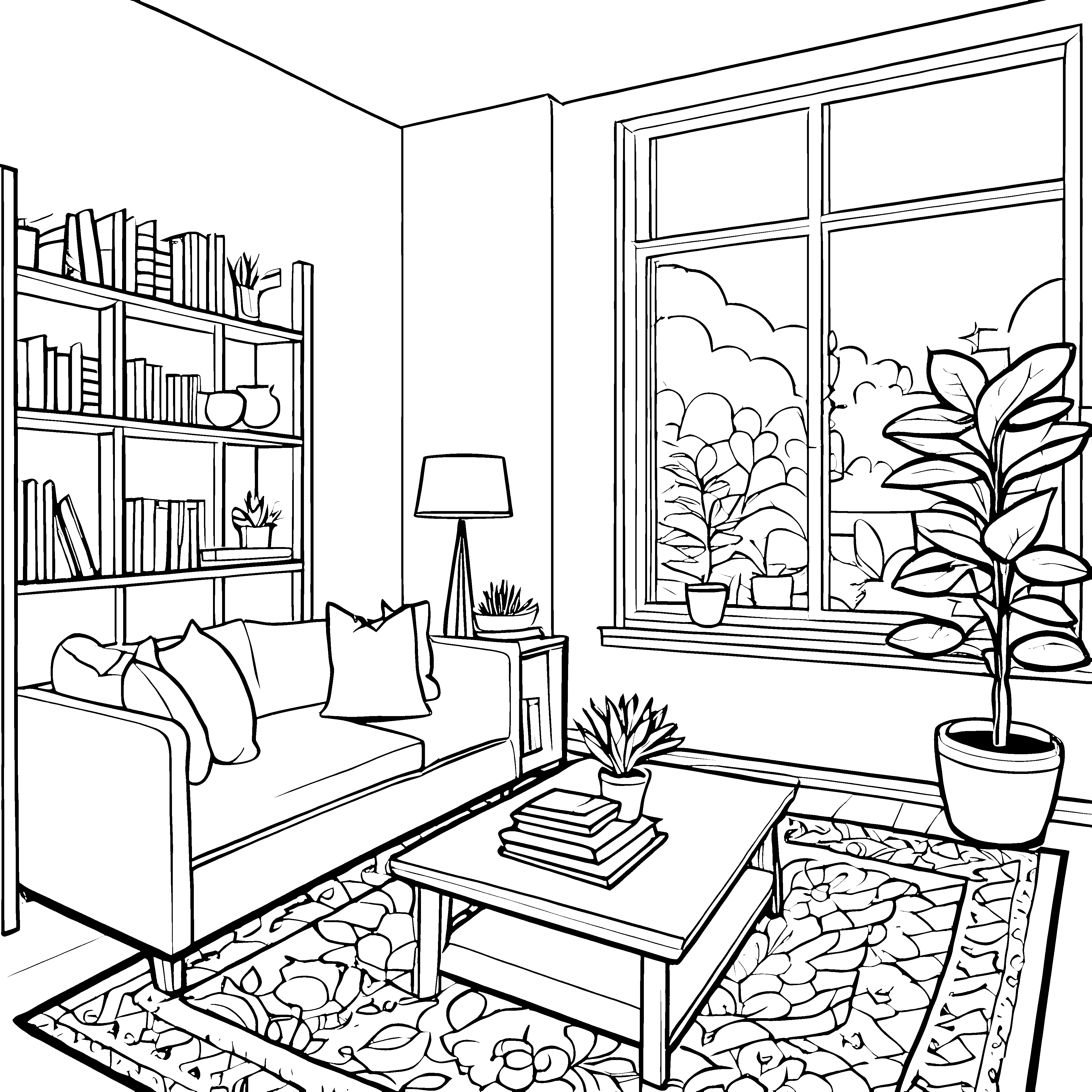 Gemütliches Wohnzimmer mit stilvollem Pflanzenarrangement Ausmalbild für kreative Zuhause-Entdecker