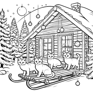 Verspielte Weihnachtskatzen vor der gemütlichen Hütte Ausmalmotiv für kreative Tierfreunde