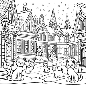 Katzenfreunde im zauberhaften Weihnachtsdorf Ausmalbild für neugierige Entdecker