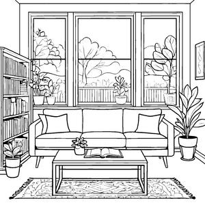 Gemütliches Wohnzimmer mit Pflanzen und Ausblick Ausmalmotiv für kreative Träumer