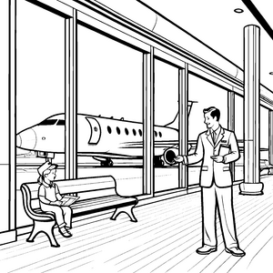 Futuristisches Flughafen-Szenario mit Wartebereich Ausmalmotiv für kleine Weltenbummler