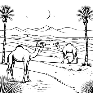Dromedare auf abenteuerlicher Wüstenreise Ausmalbild für neugierige Wüstenforscher