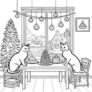 Katzen beim festlichen Weihnachtsfest Ausmalbild für kreative Tierfreunde