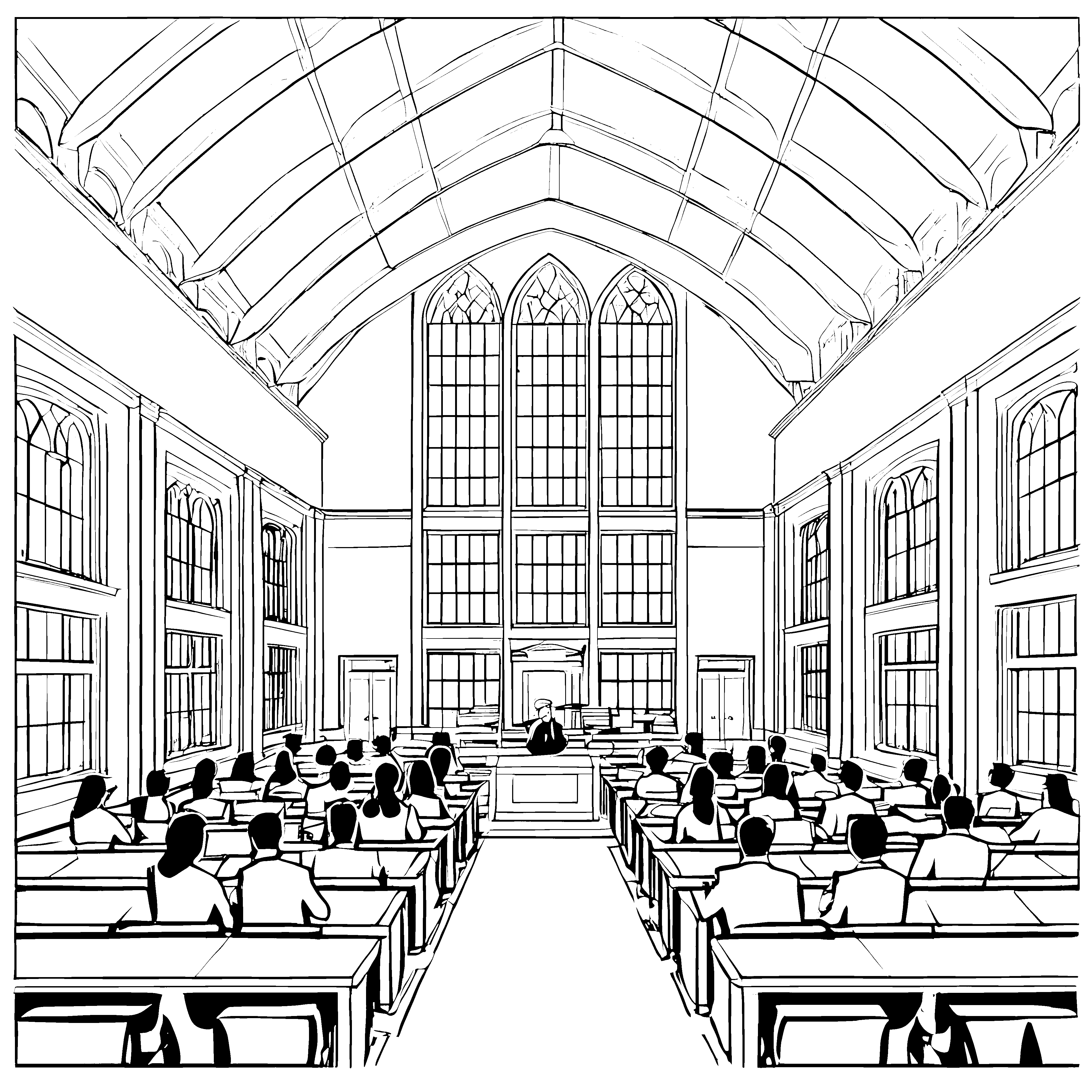 Imposanter Hörsaal mit zahlreichen Studierenden Ausmalbild für wissbegierige Köpfe