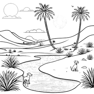 Hundefreunde in der sonnigen Oase Ausmalmotiv für kleine Entdecker
