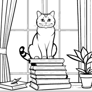 Britisch Kurzhaar Katze auf bunten Büchern Ausmalbild für neugierige Katzenfreunde