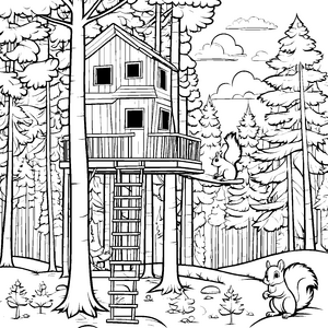 Bezauberndes Baumhaus hoch in den Wipfeln Ausmalvorlage für kleine Naturabenteurer