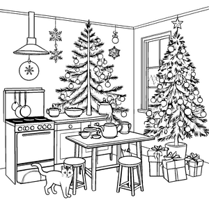 Besinnliche Katzen im festlich geschmückten Wohnzimmer Ausmalbild für kreative Weihnachtsfreunde