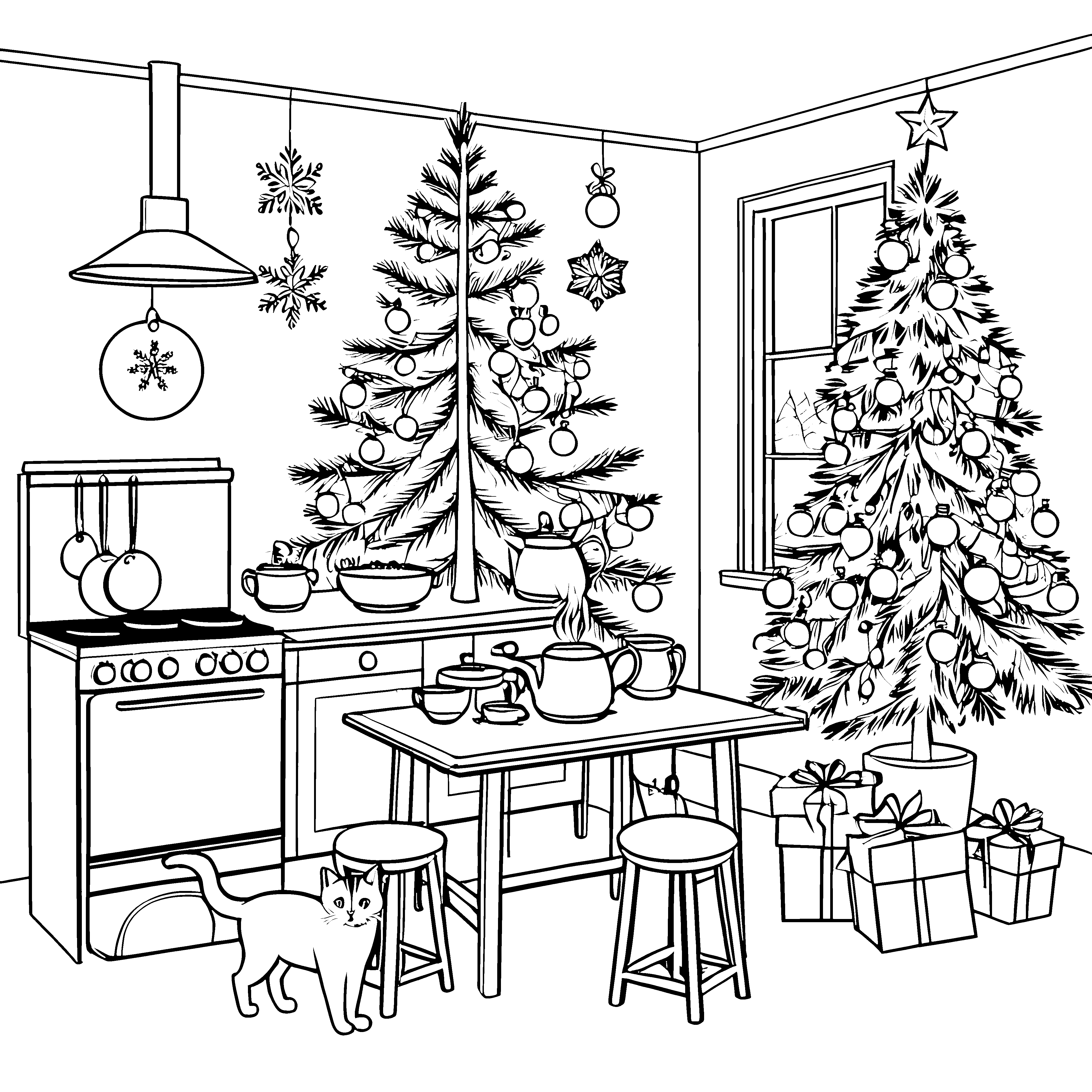 Besinnliche Katzen im festlich geschmückten Wohnzimmer Ausmalbild für kreative Weihnachtsfreunde