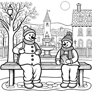 Gemütliches Zusammensein von zwei Schneemännern am Brunnen Ausmalvorlage für fröhliche Winterfreunde
