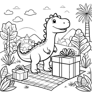 Fröhlicher Dino mit bunten Geschenken Ausmalbild für kleine Geburtstagskinder