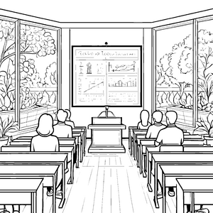 Inspirierendes Klassenzimmer mit lebhaften Grafiken Ausmalvorlage für wissbegierige Lernende