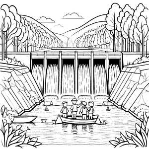 Kreative Wasserfälle neben dem Staudamm Ausmalvorlage für abenteuerlustige Wassersportler