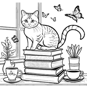 Kuschelige Britisch Kurzhaar Katze zwischen bunten Schmetterlingen Ausmalbild für neugierige Katzenfreunde