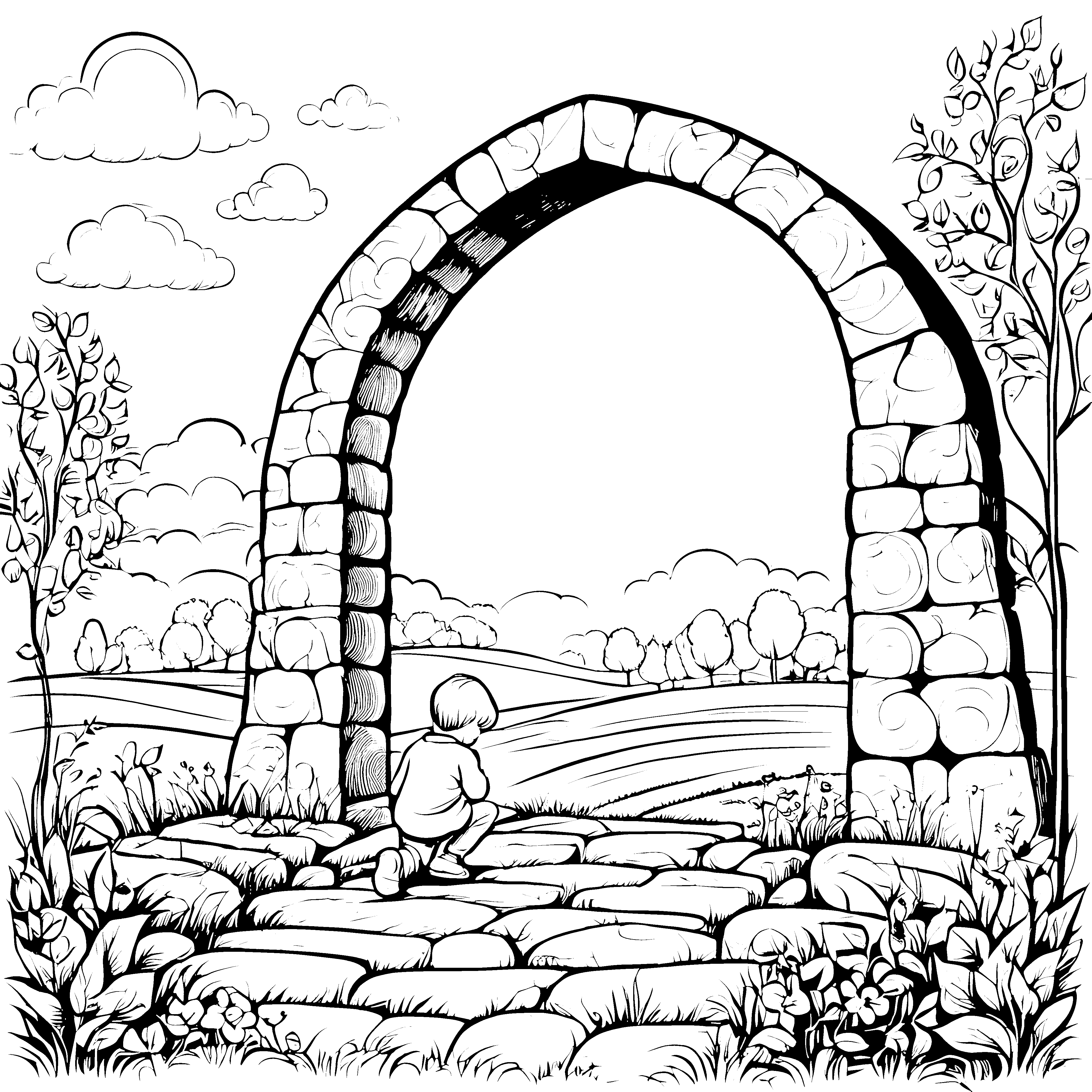 Verzaubertes Tor in die farbenfrohe Traumwelt Ausmalbild für neugierige Entdecker