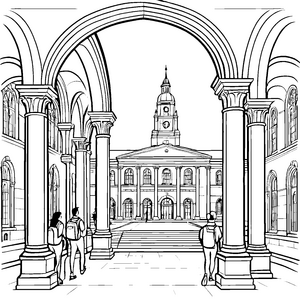 Historische Universitätsarchitektur mit beeindruckenden Säulen Ausmalbild für wissbegierige Studierende