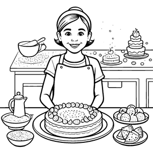 Kreative Bäckerin mit leckeren Kuchen Malvorlage für kleine Gourmet-Fans