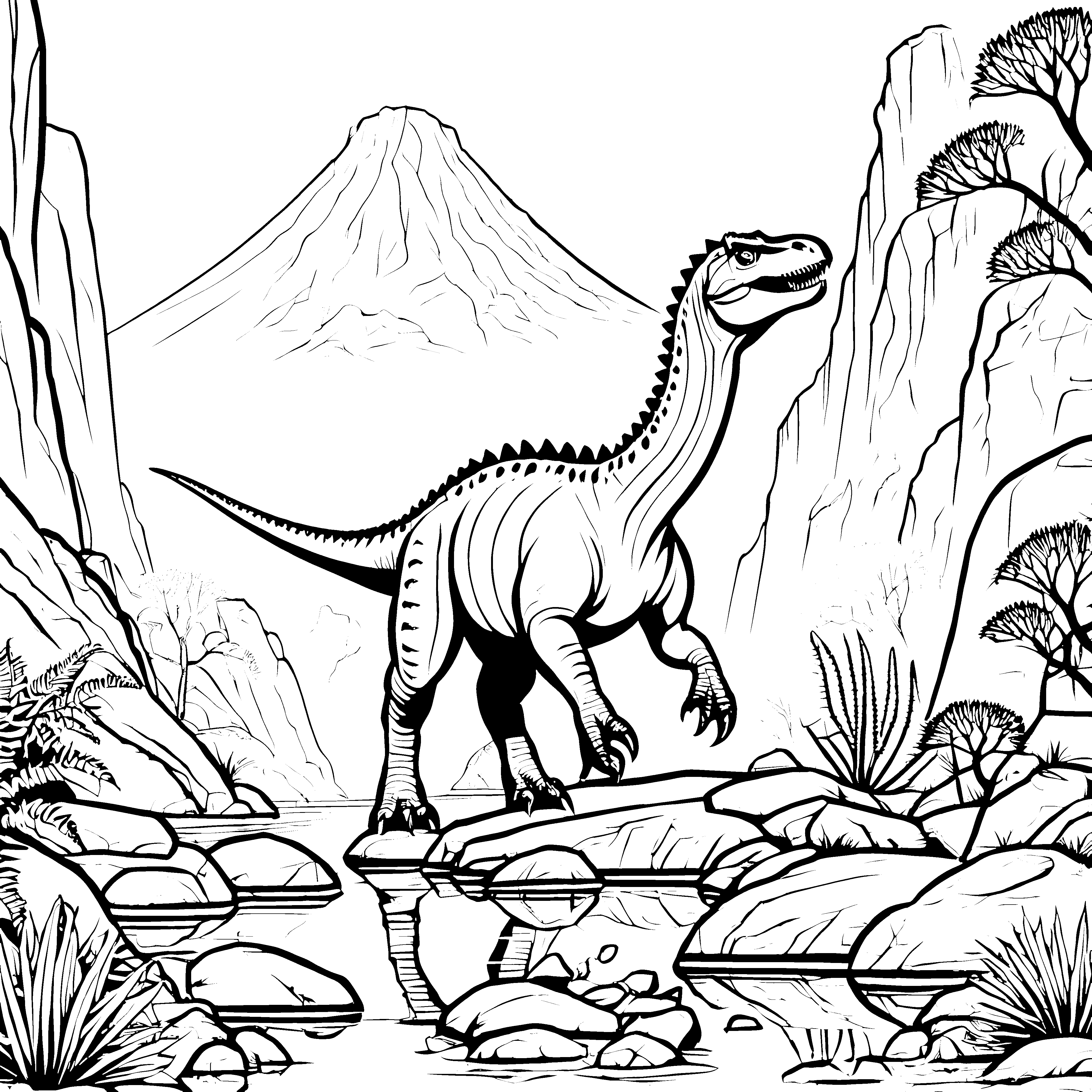 Dynamischer Carnotaurus am geheimnisvollen Wasserfall Ausmalbild für fantastische Dino-Entdecker