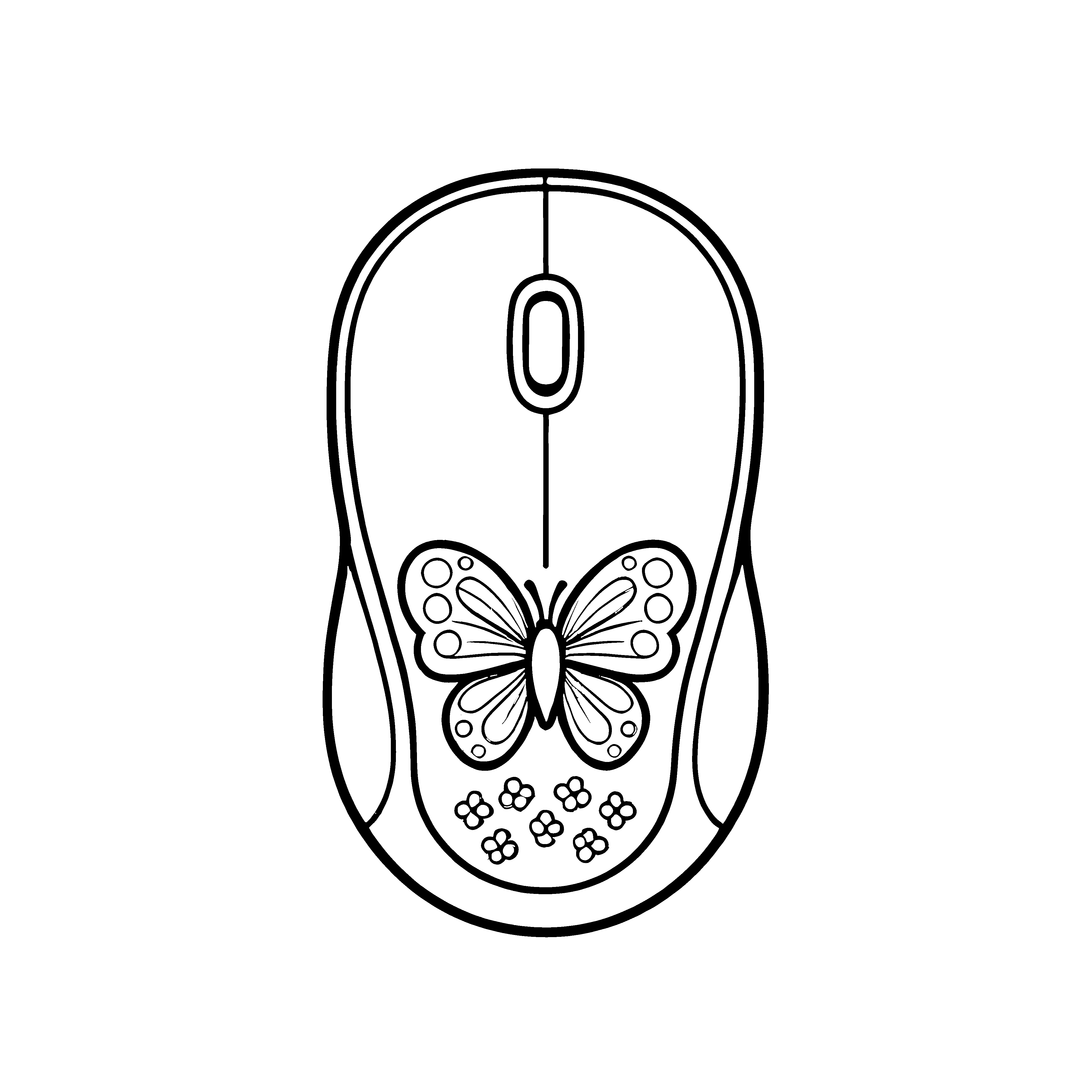 Verspielte Computer-Maus mit buntem Schmetterling Ausmalvorlage für kreative Digitalkünstler