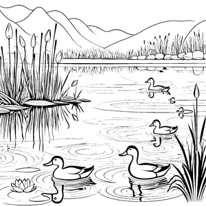 Fröhliche Enten beim Quaken im ruhigen See Ausmalvorlage für die kleinen Wasserliebhaber