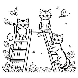 Kletternde Katzenfreunde auf der Leiter Ausmalbild für verspielte Tierentdecker