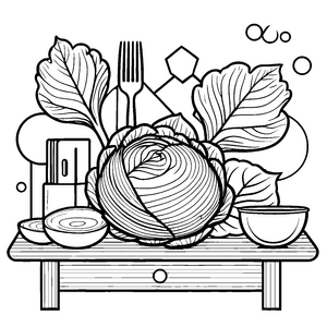 Kreativer Rotkohl auf dem bunten Tisch Malvorlage für kleine Küchenchefs