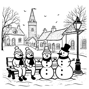 Fröhliche Schneemänner auf der Parkbank Ausmalvorlage für winterliche Kreativköpfe