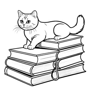 Fluffige Britisch Kurzhaar Katze auf bunten Büchern Ausmalbild für wissbegierige Entdecker
