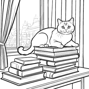 Britisch Kurzhaar Katze auf bunten Büchern Ausmalbild für neugierige Bücherliebhaber