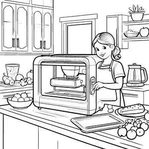 Kreative Bäckerin beim Brotbacken Ausmalvorlage für kleine Küchenchefs