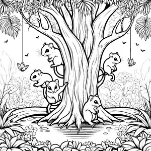 Verspielte Flughörnchen-Babys am großen Baum Ausmalbild für flinke Tierfreunde