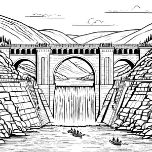 Imposanter Staudamm mit rauschendem Wasser Ausmalvorlage für abenteuerliche Entdecker