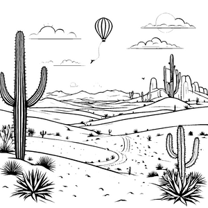 Kakteenlandschaft mit Heißluftballon Ausmalmotiv für neugierige Wüstenforscher