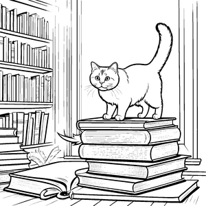 Charmante Britisch Kurzhaar Katze auf Bücherstapel Malvorlage für wissbegierige Tierfreunde