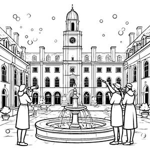 Beeindruckender Universitätsplatz mit sprudelndem Brunnen Malvorlage für wissbegierige Studenten