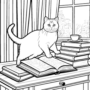 Britisch Kurzhaar Katze auf dem Bücherstapel Ausmalvorlage für wissbegierige Katzenfreunde