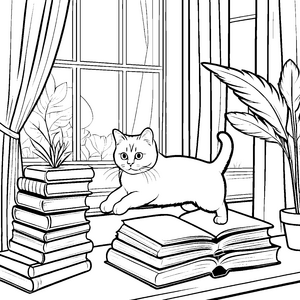 Witzige Britisch Kurzhaar Katze auf Bücherstapel Ausmalvorlage für neugierige Leseratten