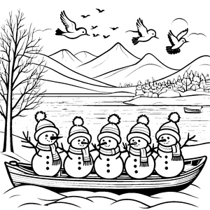 Fünf fröhliche Schneemänner im Boot Ausmalvorlage für abenteuerliche Winterkinder