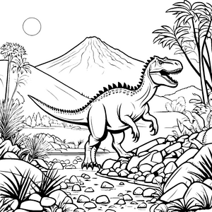 Kraftvoller Carnotaurus im bunten Dschungel Ausmalbild für abenteuerliche Dino-Entdecker
