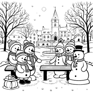 Bezaubernde Schneemannfreunde beim Winterspiel Ausmalvorlage für fröhliche Winterliebhaber