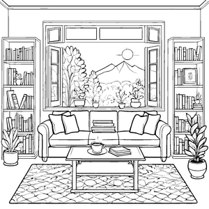 Wohlfühl-Wohnzimmer mit gemütlichem Ausblick Ausmalmotiv für kreative Entdecker