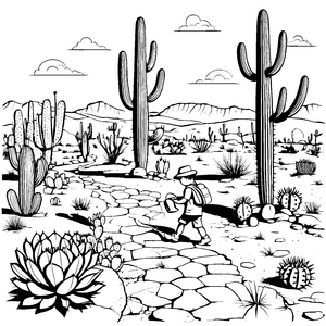Kreative Entdeckungstour durch die Kakteenlandschaft Ausmalmotiv für kleine Abenteurer