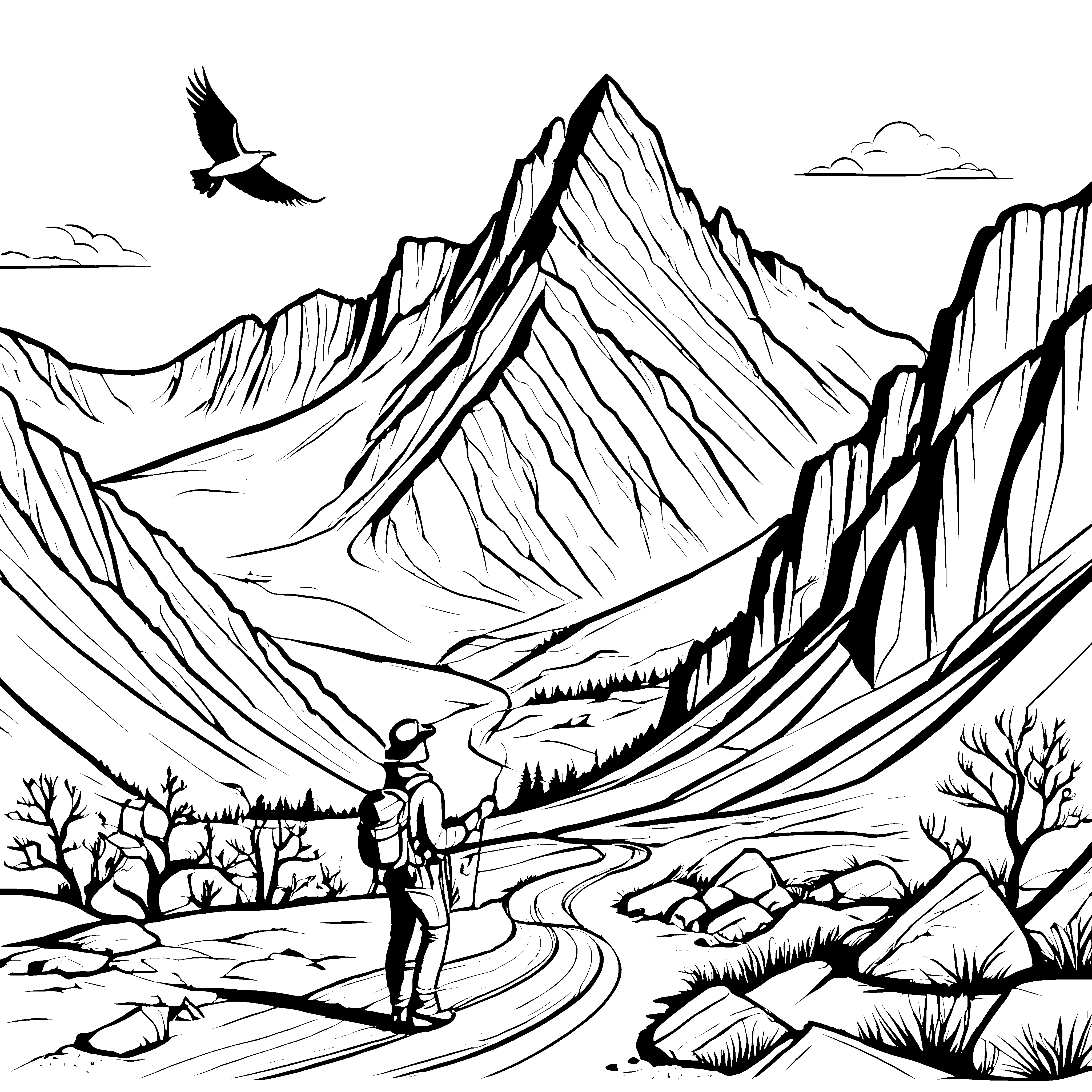 Majestätische Berglandschaft mit Wanderer Ausmalbild für abenteuerlustige Entdecker