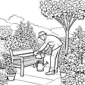 Blühende Blumenpracht mit gärtnerndem Rentner Ausmalvorlage für kreative Gartenfreunde