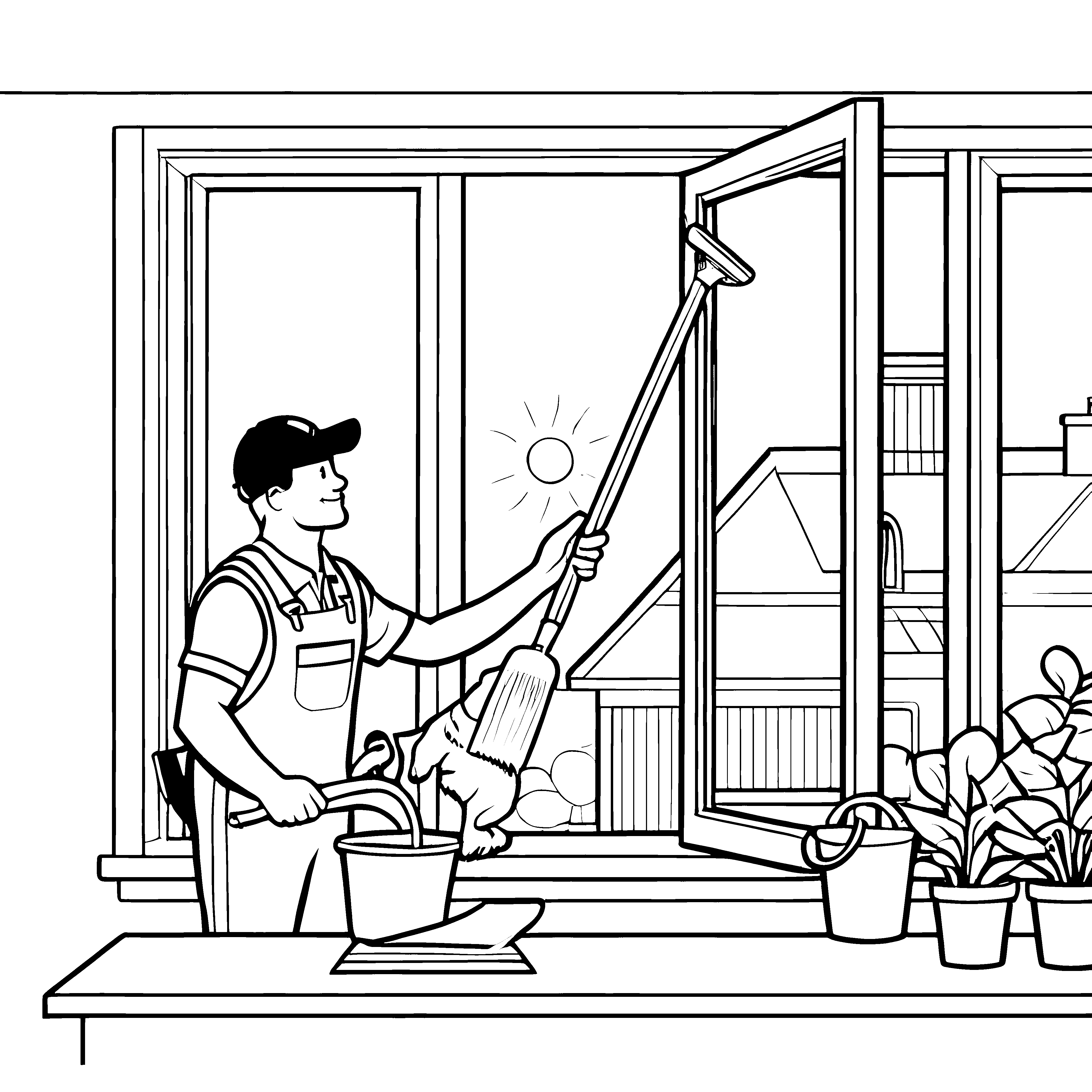 Fensterputzer bei sonnigem Himmel Ausmalbild für pfiffige Sauberkeitsprofis