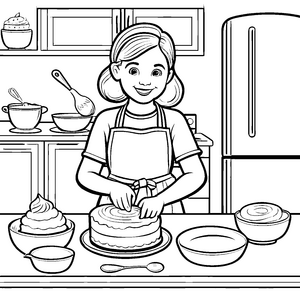 Kreative Küchenchefin gestaltet bunten Kuchen Ausmalvorlage für kleine Meisterbäcker
