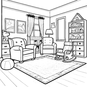 Bequeme Relaxsessel in einem bunten Spielzimmer Ausmalbild für kleine Traumerbauer