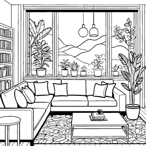 Gemütliches Wohnzimmer mit Pflanzen und Ausblick Malvorlage für kreative Entdecker
